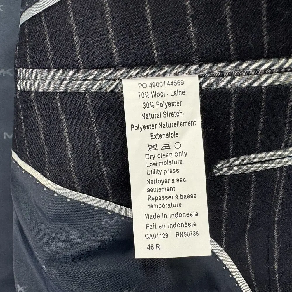 Michael Kors Mens Pinstripe Classic Fit Stretch Wool Suit Jacket Navy Blue 46R